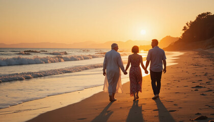 Fototapeta premium Three people walking on beach at sunset holding hands