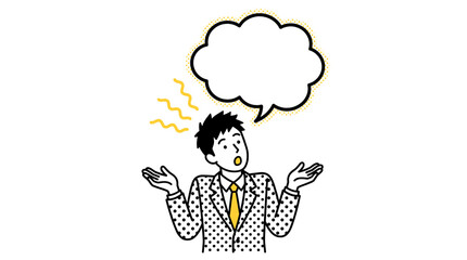 Confused businessman shrugging with empty speech bubble, comic vector illustration for questions and uncertainty © creativestock