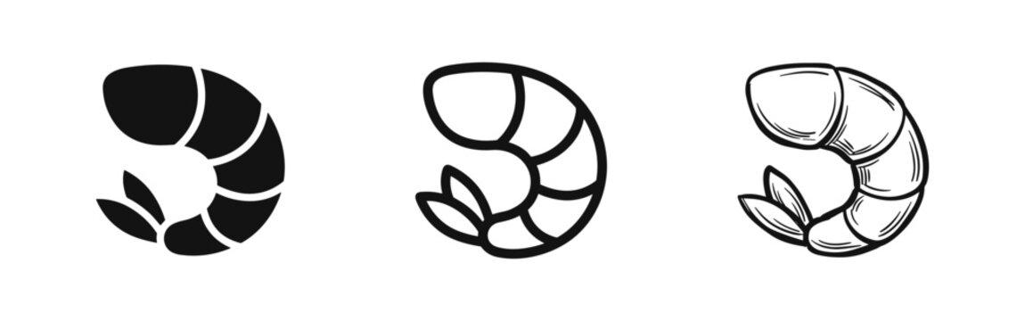 Set of shrimp icons in flat, outline and hand-drawn doodle style