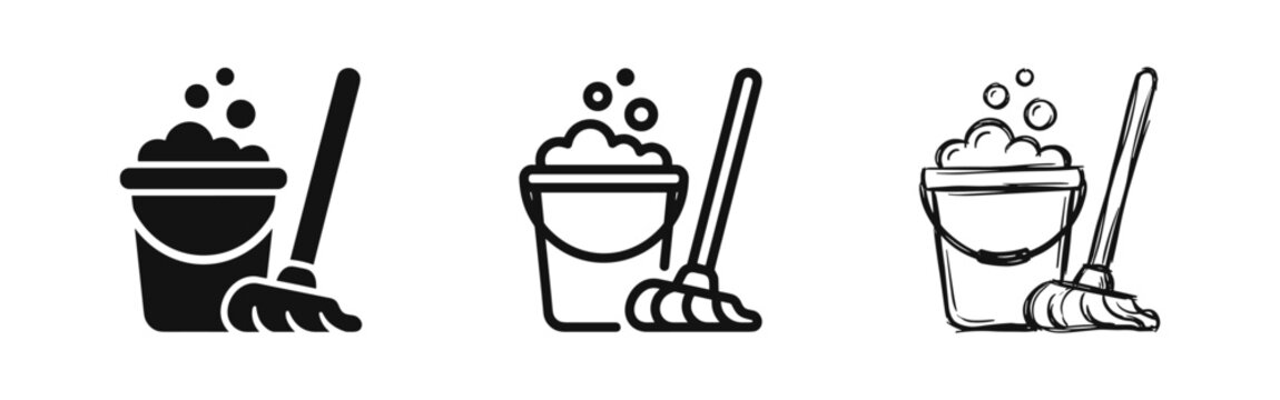 Set of mop and bucket icons in flat, outline and hand-drawn doodle style