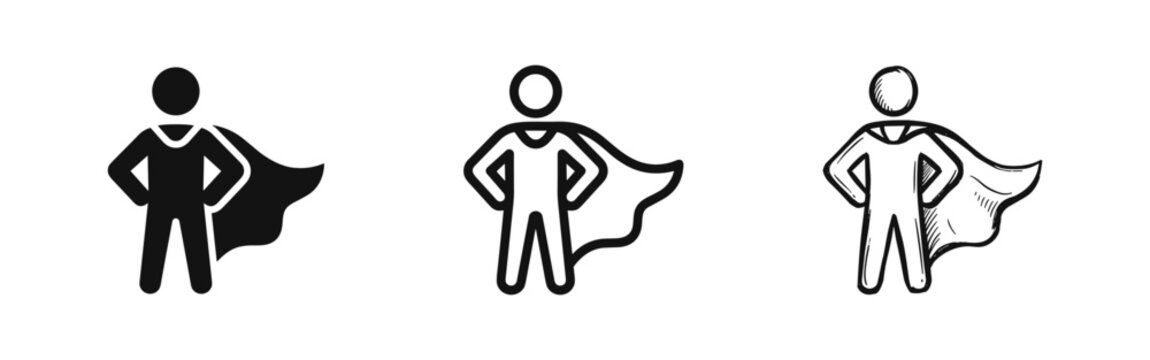 Set of three superhero icons: solid silhouette, outline, and sketch.