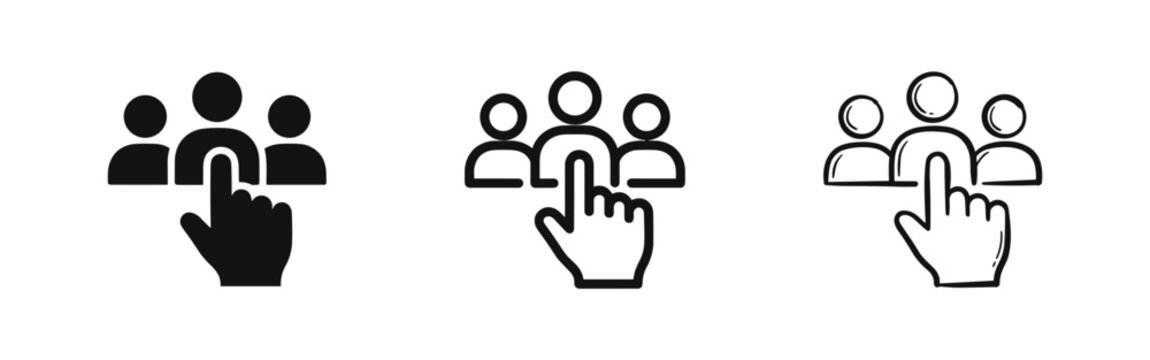 Team Selection Icon Set: Group and Hand Pointer in Different Styles