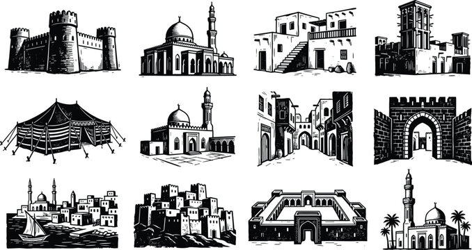 Traditional Middle Eastern architecture hand drawn vector illustration set isolated on white background