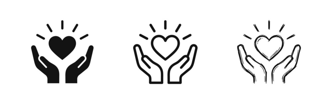 Three hands holding heart icons, solid fill, outline, and sketch styles