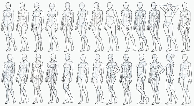 Female fashion croquis set, 26 standing model poses for apparel design, black line art body templates for garment sketching and illustration