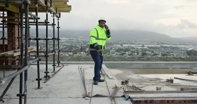 Construction, man and inspection phone call on site for project update, building progress or talk. Foreman, black person or mobile chat with client for renovation reporting, confirm safety or explain