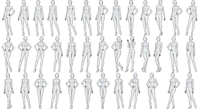 Fashion croquis female figure templates, set of 36 woman body outline sketches for design, technical drawing mannequin poses vector