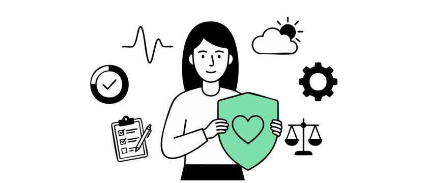 Health insurance concept vector of woman holding shield with heart surrounded by medical checklist clock justice scales gear and weather icons representing wellness safety protection and life balance.