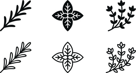 Naklejka premium herbs vector icon collection with leafy sprigs and botanical cross symbols for design