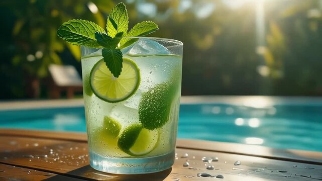 Refreshing Iced Mojito Cocktail with Lime and Mint by Pool