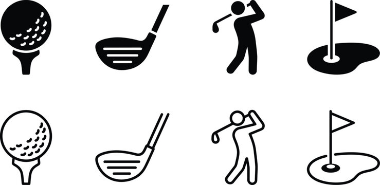 sports icon collection of monochrome golf ball, clubs, swing, and flag vector symbol set