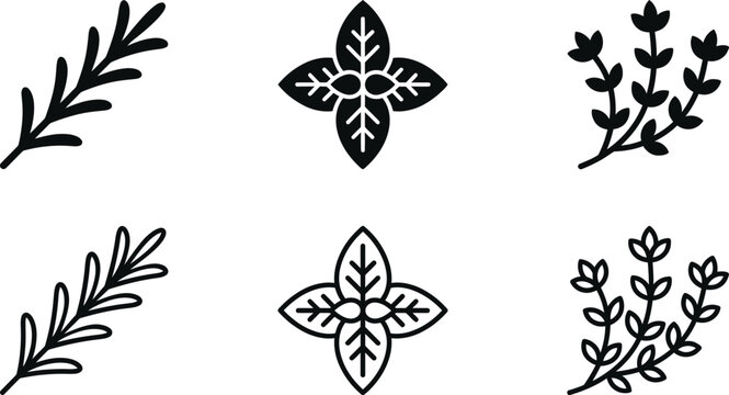 herbs vector icon collection with leafy sprigs and botanical cross symbols for design