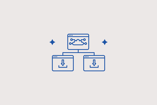 Cloud infrastructure layout connecting two downloadable panels line icon for web developer. Precise vector illustration for cloud provider, hosting company, backup service.