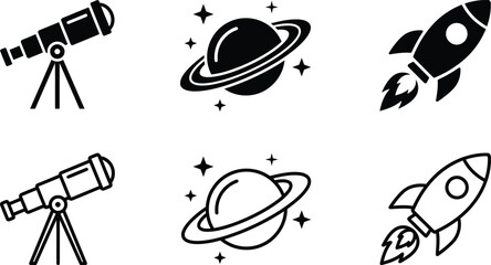 space icon set with minimalist telescope, planet and rocket symbols for astronomy design © Sumaya