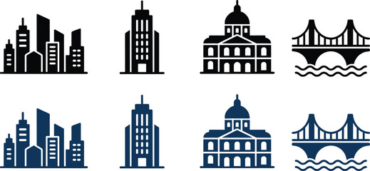 city skyline icon collection with minimalist building symbols and water waves vector © Sumaya