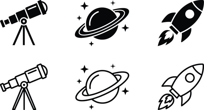 space icon set with minimalist telescope, planet and rocket symbols for astronomy design