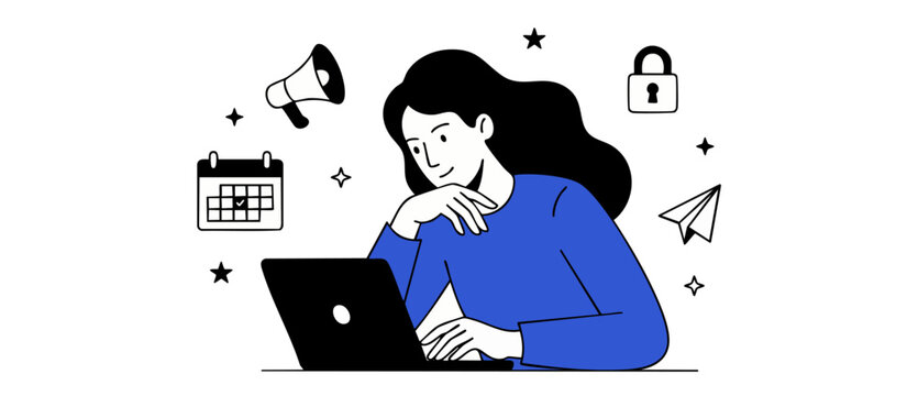 Businesswoman working on laptop computer managing marketing campaign tasks, schedule planning, data security and communication. Minimalist vector illustration of female freelancer online. Efficient.