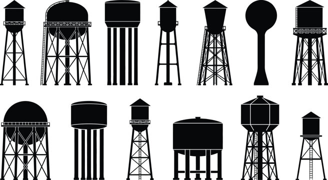 Set of industrial and rural water tower silhouettes isolated on a clean white background