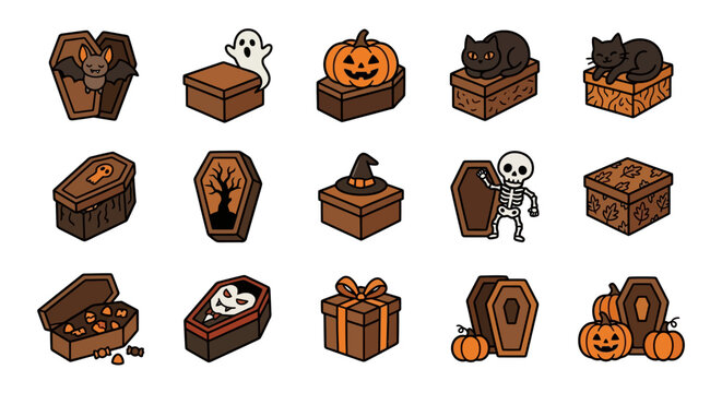 Halloween icons show various coffins and pumpkins with ghosts, skeletons, bats, and cats in hell.