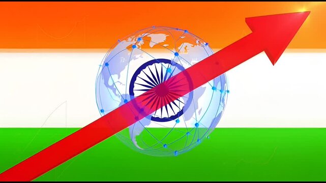 India economic growth concept: rising arrow with global network and national flag background