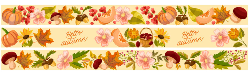 Horizontal autumn border set featuring pumpkins, flowers, mushrooms, berries and colorful leaves in a decorative seasonal arrangement. © Olya Artnova