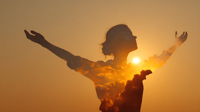 Double exposure silhouette of a woman embracing the sunrise, symbolizing mental health, emotional healing, resilience, inner strength, hope, freedom, self discovery and personal growth