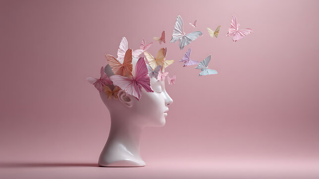 Minimal female head with butterflies emerging from the mind, symbolizing emotional freedom, healing, transformation, hope, self discovery and positive mental health growth