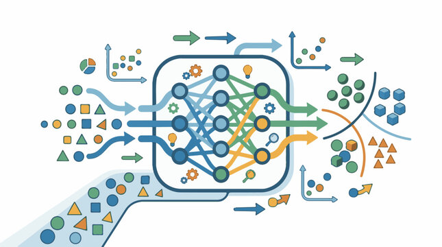 Abstract representation of a neural network processing data and outputting results