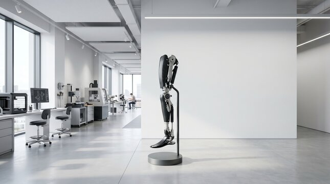Advanced bionic prosthetic leg on a display stand in a modern research laboratory with an engineer working. bionic technology, medical innovation, engineering research.