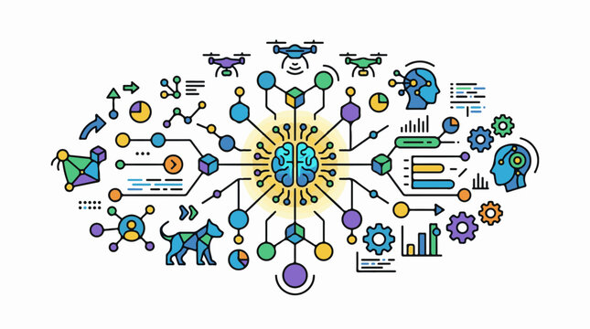 Abstract representation of AI with connected nodes drones and brains