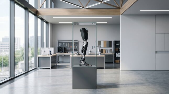 Advanced carbon fiber prosthetic leg displayed in a glass case inside a modern engineering laboratory. bionic technology, medical innovation, engineering research.