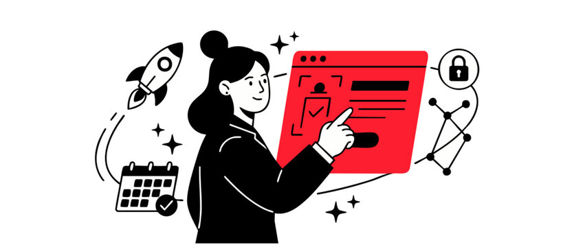Businesswoman launch dashboard vector illustration managing project planning, calendar deadline, cybersecurity protection, startup success, and business productivity modern cartoon concept.