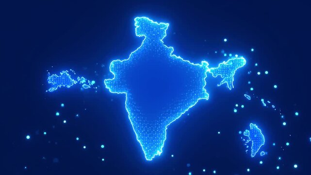 India map digital hologram: glowing particle network technology background