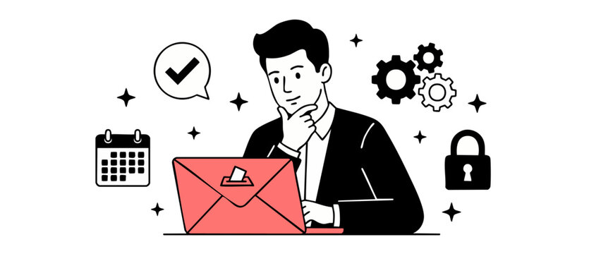 Businessman planning business workflow security setting up online survey system with email laptop calendar and gears icons in minimalist vector line art illustration style for corporate task managemen