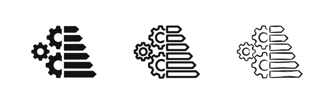 Gear and progress bar icons set in solid, outline, and sketch styles