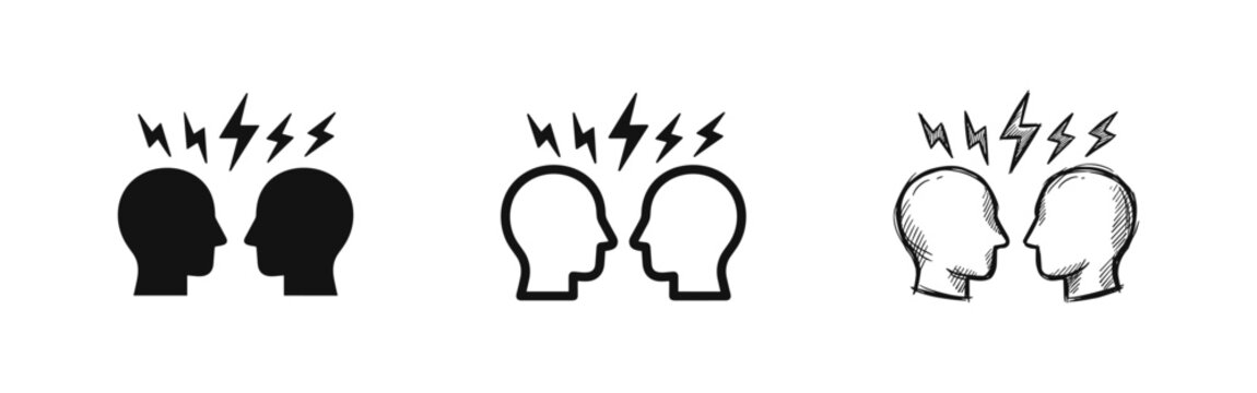 Conflict and Brainstorming Icons - Two Heads with Lightning Bolts