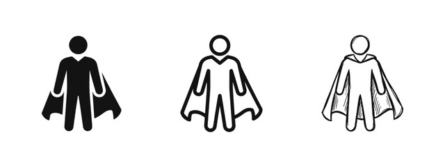 Three superhero icons: solid, outline, and sketch of a person with a cape © drawing lines