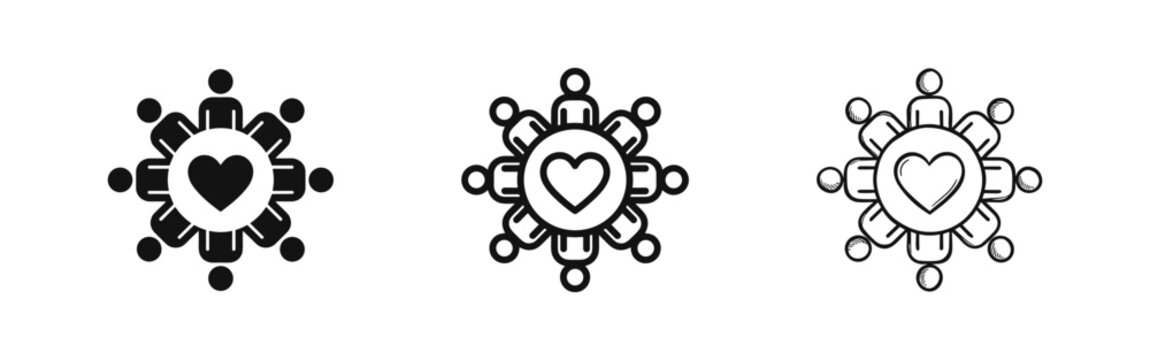 Community Unity and Teamwork Icon Set, People Around Heart