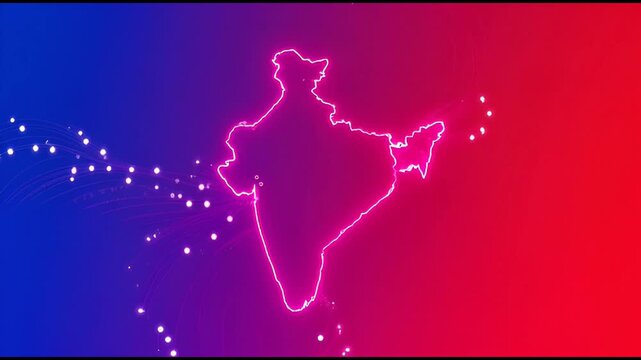 Neon india map outline with glowing data flow particles on blue and red gradient background