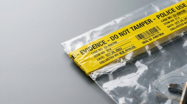 Evidence bag with yellow warning tape and contents visible for forensic use. Evidence bag contains crucial items sealed for investigation and analysis.