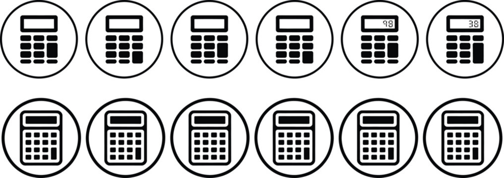 Calculator icon set with buttons and display screen for mathematics accounting bookkeeping and financial compute.