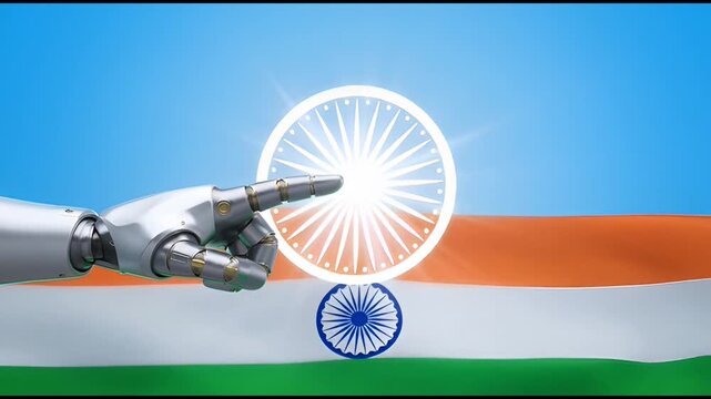 Robotic hand touching glowing ashoka chakra with waving indian flag background technology