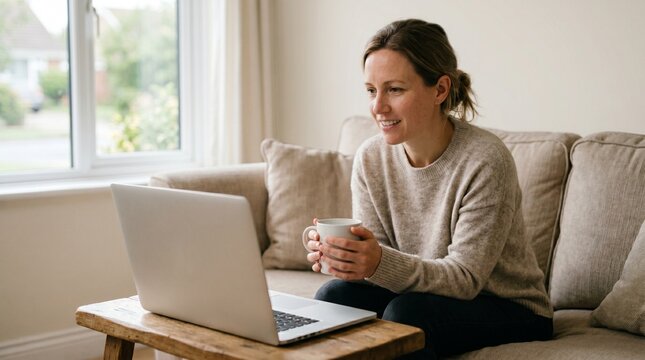An adult sits at home during a calm telehealth therapy session with a blank laptop and ceramic cup. The image represents remote healthcare, mental wellbeing, online counseling, and patient support.