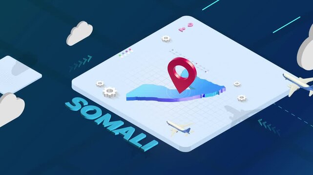 Isometric 3D Render of Somali Map with Red Location Pin Pointer and Floating Airplanes