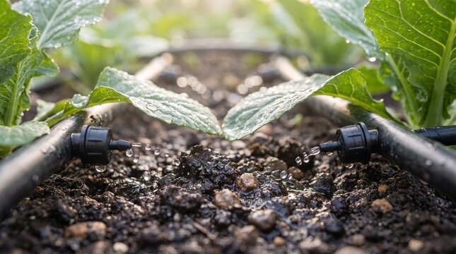 Drip irrigation emitters watering vegetable garden bed with fresh leaves  