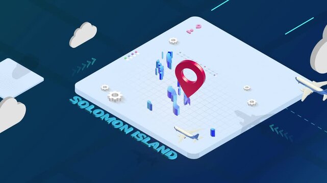 Isometric 3D Render of Solomon Islands Map with Red Location Pin Pointer and Floating Airplanes