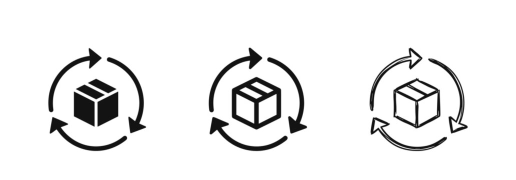 Package delivery and return icon set, logistics box with rotating circular arrows in solid, outline and sketch styles