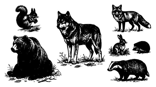 Squirrel and Dog-Like Animal Illustration with Rabbits, Fox, and Canine Figures on a Vintage Sketch Background