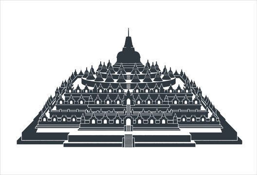 Borobudur temple silhouette against a white background detailed architectural illustration