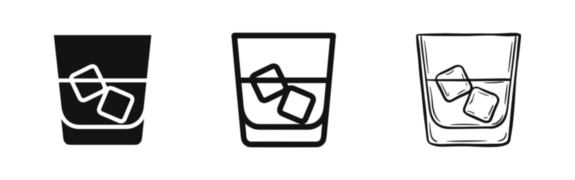 Whiskey Glass with Ice Icons: Solid, Outline, and Hand-Drawn